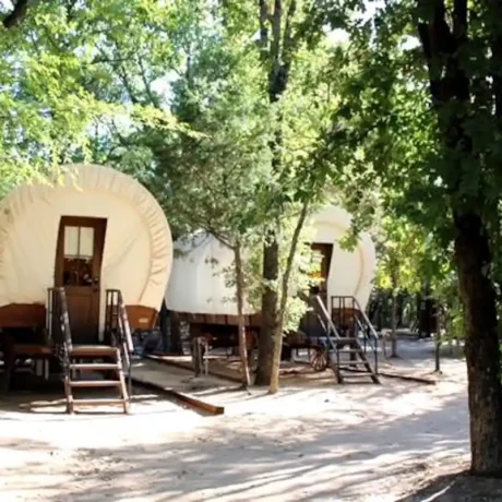 A cozy, spacious Conestoga Wagon with access to pool and hot tub, offering a unique, rustic farm stay experience at Oak Meadow Ranh RV in Valley View, TX.