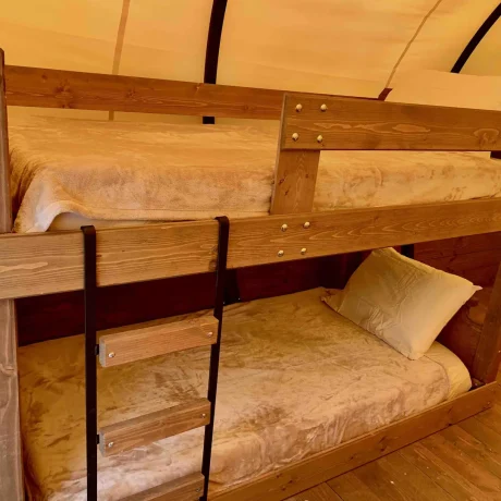 A cozy, spacious Conestoga Wagon with access to pool and hot tub, offering a unique, rustic farm stay experience at Oak Meadow Ranh RV in Valley View, TX.